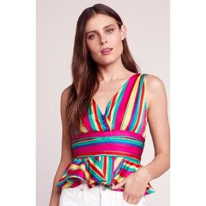 BB Dakota L Multicolored Striped V Neck Smocked Peplum Top 1547